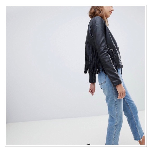 New Brave Soul Black Faux Leather Festival Jacket with Fringe Detail - Picture 4 of 6